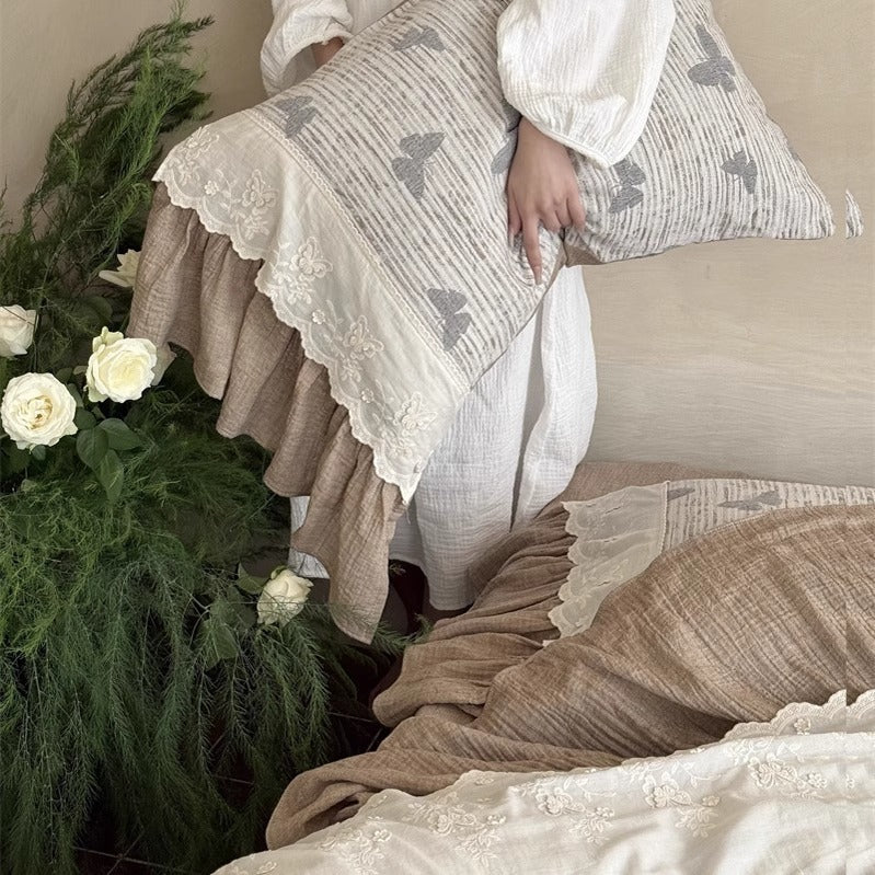 Embroidered Scallop-Edge Duvet Cover Set with Ruffled Bedskirt & Pillow Shams