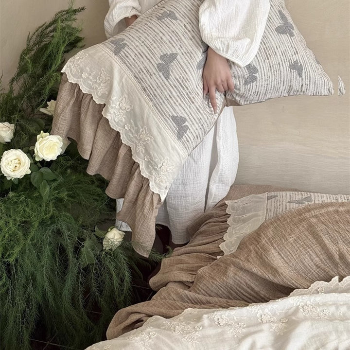 Embroidered Scallop-Edge Duvet Cover Set with Ruffled Bedskirt & Pillow Shams