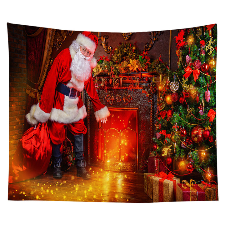 Lightweight Polyester Christmas Fireplace Scene Wall Tapestry Home Decor