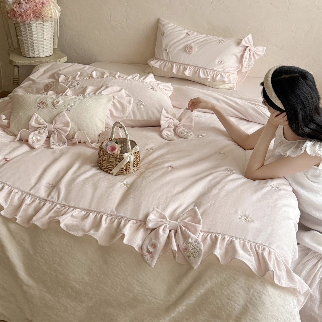 Romantic Ruffled Embroidered Cotton Duvet Cover Set
