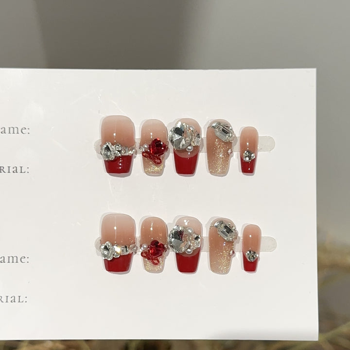 Decorative Press-On Nail Art Set with Gemstone Accents