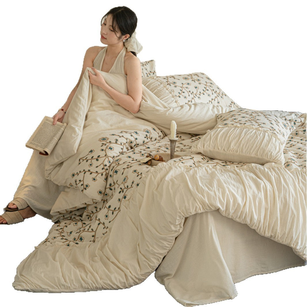 Bohemian Cotton-Linen Embroidered Ruffle Duvet Cover Ensemble