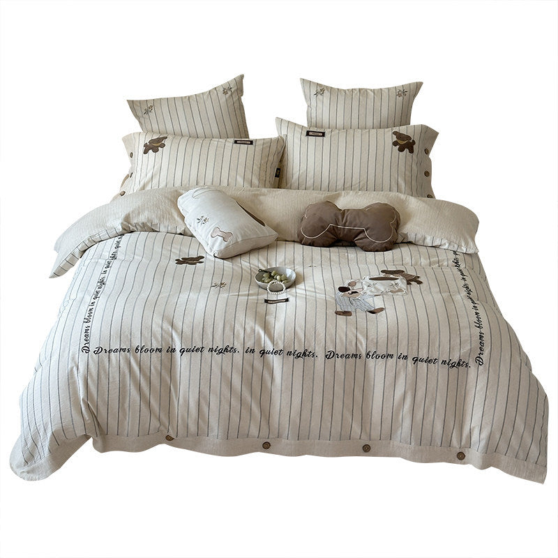 Playful Teddy Appliqué Striped Cotton-Linen Duvet Cover Set