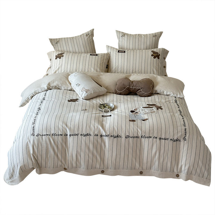 Playful Teddy Appliqué Striped Cotton-Linen Duvet Cover Set