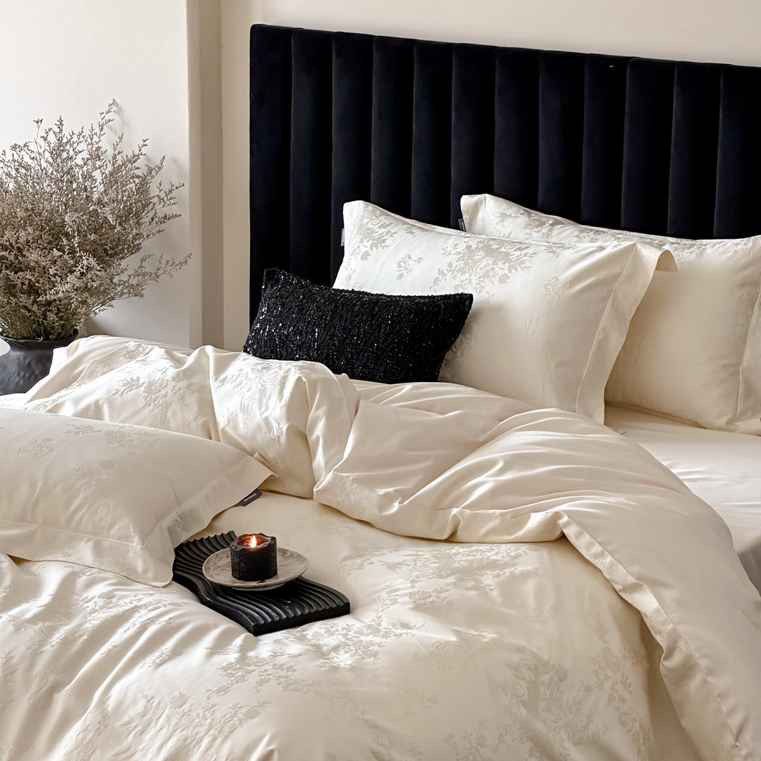 Luxurious satin jacquard bedding with floral relief pattern