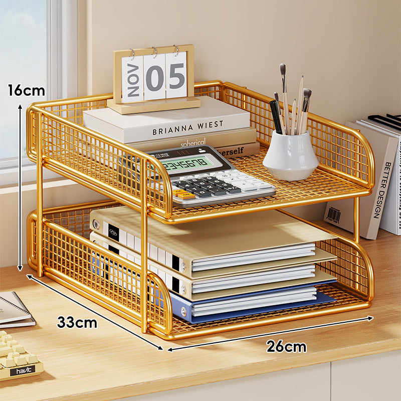 Compact Two-Tier Metal Mesh Desk Letter Tray & File Organizer