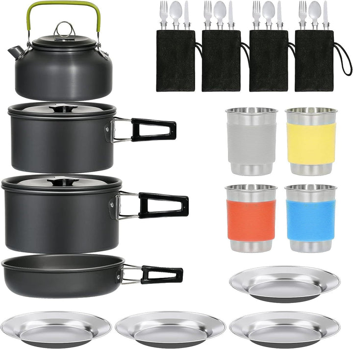 compact nesting anodized aluminum camping cookware kit with kettle nonstick pots frying pan foldable wash basin stainless steel plates cups Stornfield