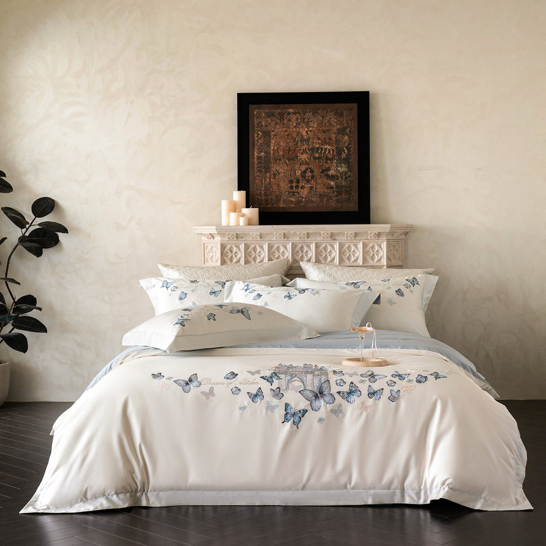 Embroidered Butterfly Satin Duvet Cover Set with Decorative Pillow Shams