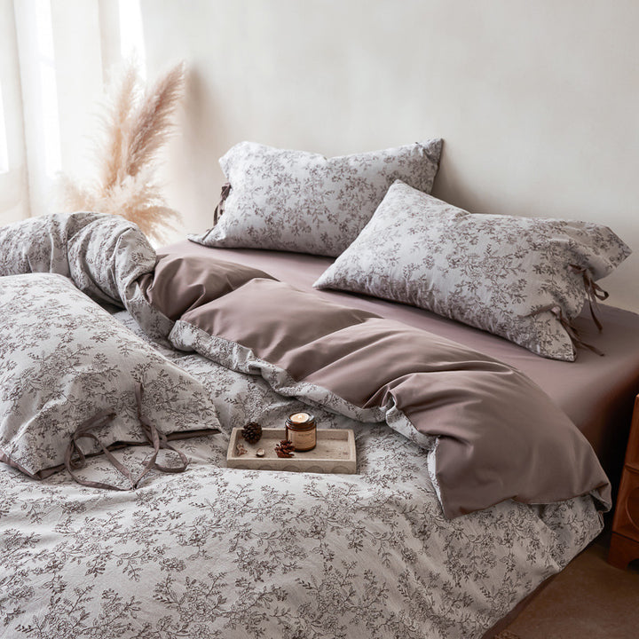 Floral Cotton Sateen Duvet Cover Set with Tied Pillow Shams