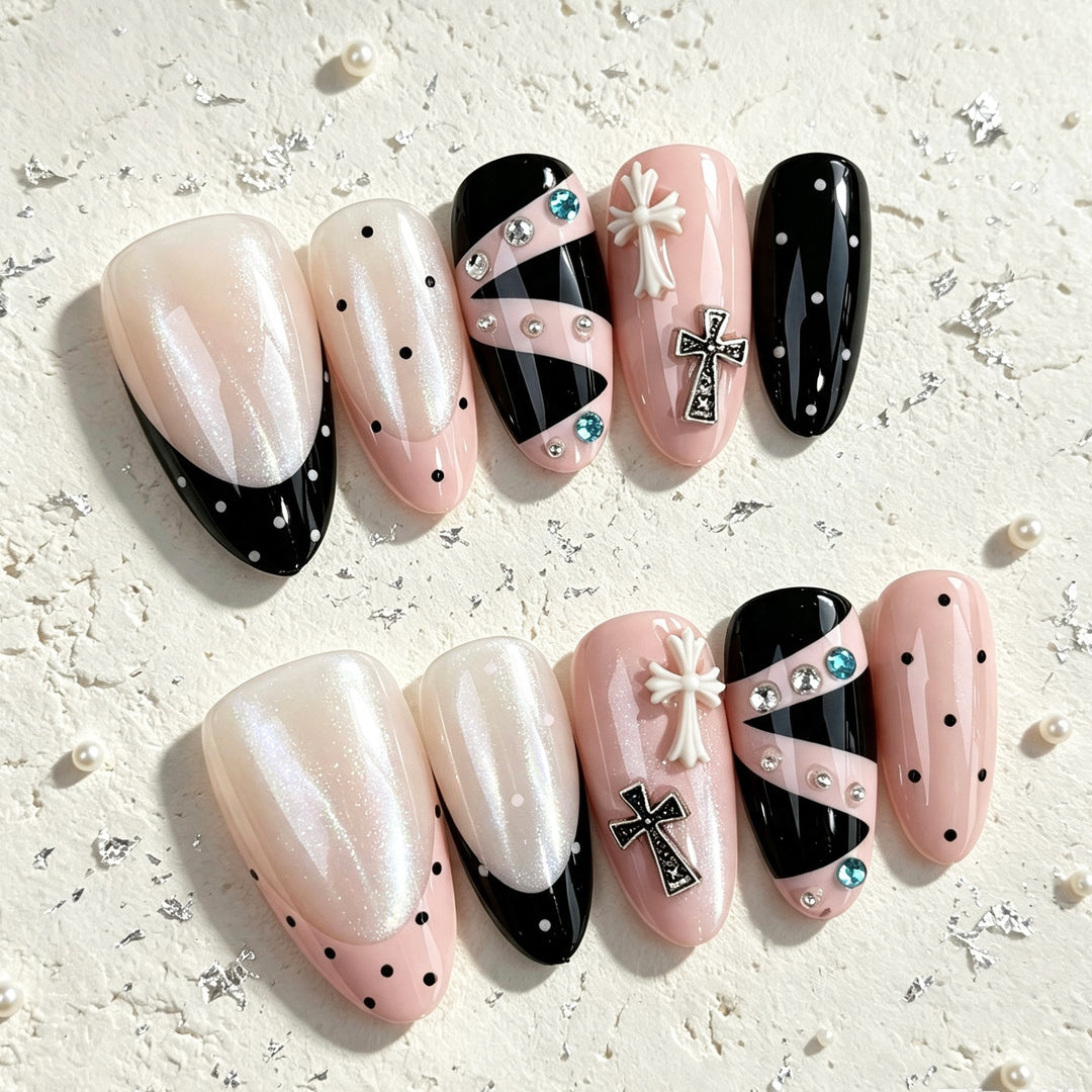 Artistic Press-On Nail Set with Decorative Embellishments