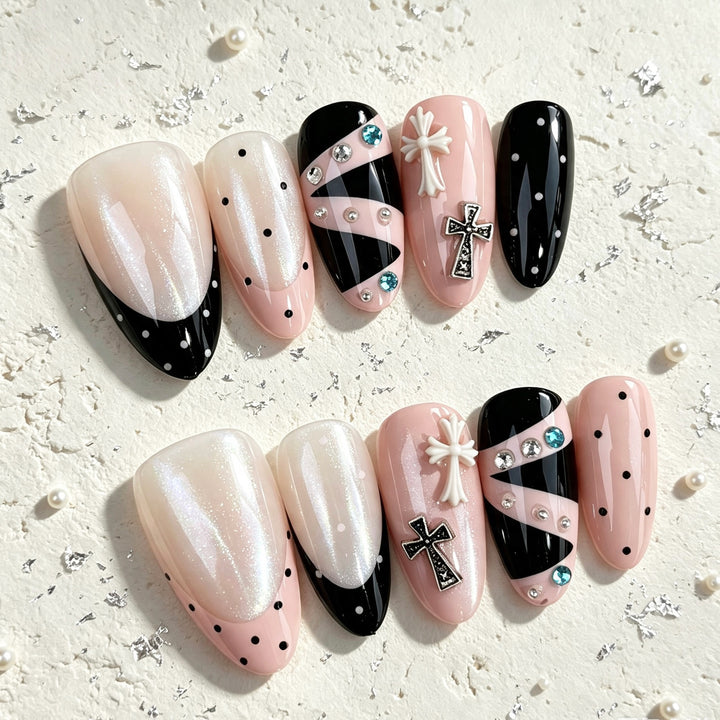 Artistic Press-On Nail Set with Decorative Embellishments