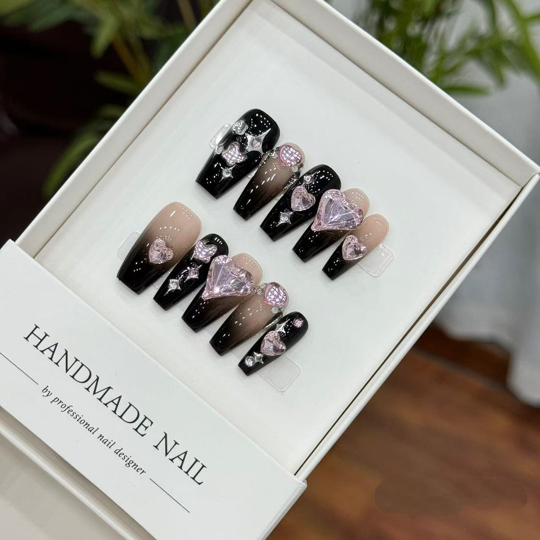 Decorative Press-On Nail Art Set with Heart and Gem Accents