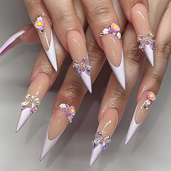 Elegant Stiletto Press-On Nails with Floral and Gem Accents Stornfield