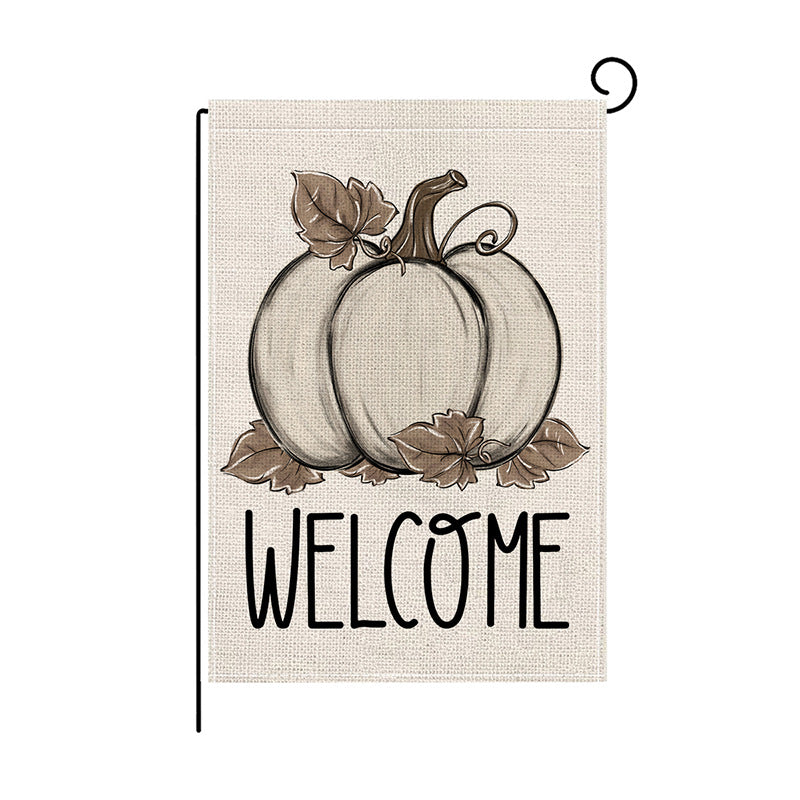 Double-Sided Burlap-Texture Autumn Garden Flag with Hand-Illustrated Pumpkins and 'Happy Fall' Typography