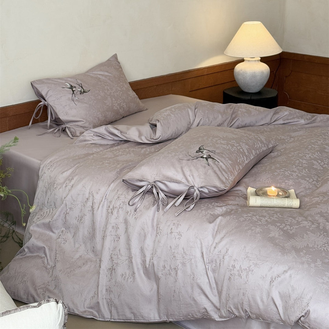 Jacquard Satin-Feel Duvet Cover Set with Embroidered Swallow & Tie-Closure Pillowcases