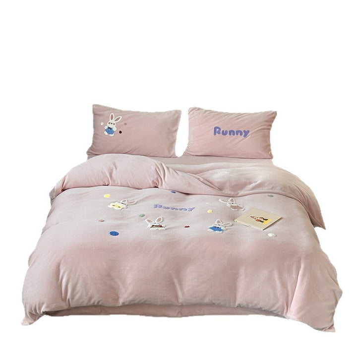 Embroidered Cotton Duvet Cover Set with Whimsical Bunny Appliqué and Reversible Pastel Lining