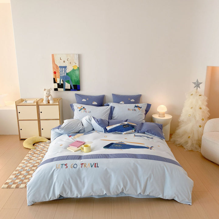 Children's Travel-Themed Cotton Percale Duvet Cover Bedding Set