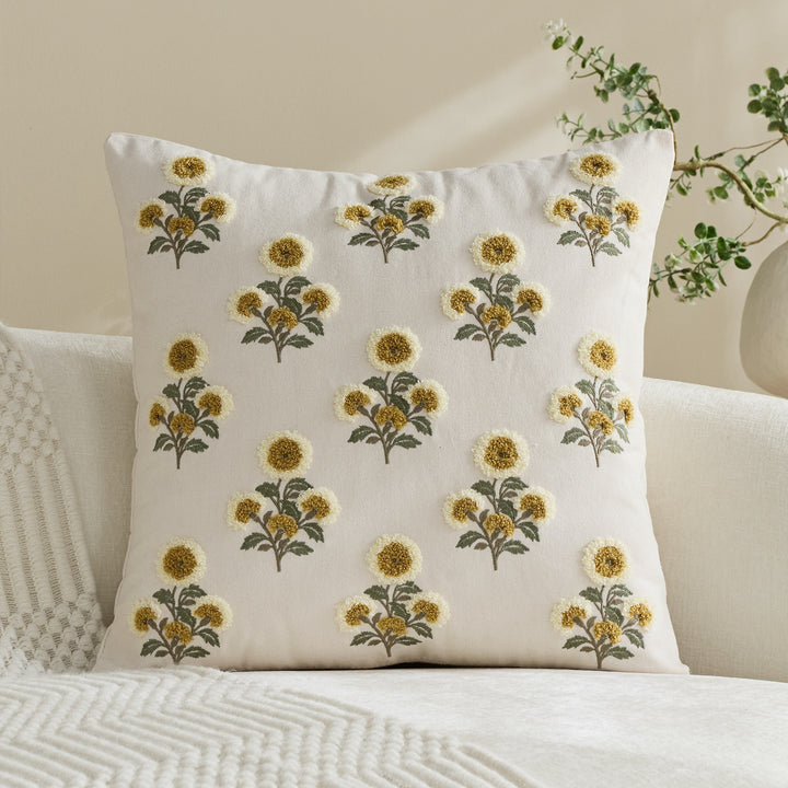 Tufted Floral Embroidered Decorative Throw Pillow Cover