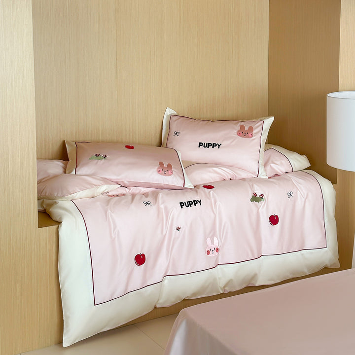 Cartoon Embroidered Cotton Sateen Duvet Cover Set with Piped Edge and Pillow Shams