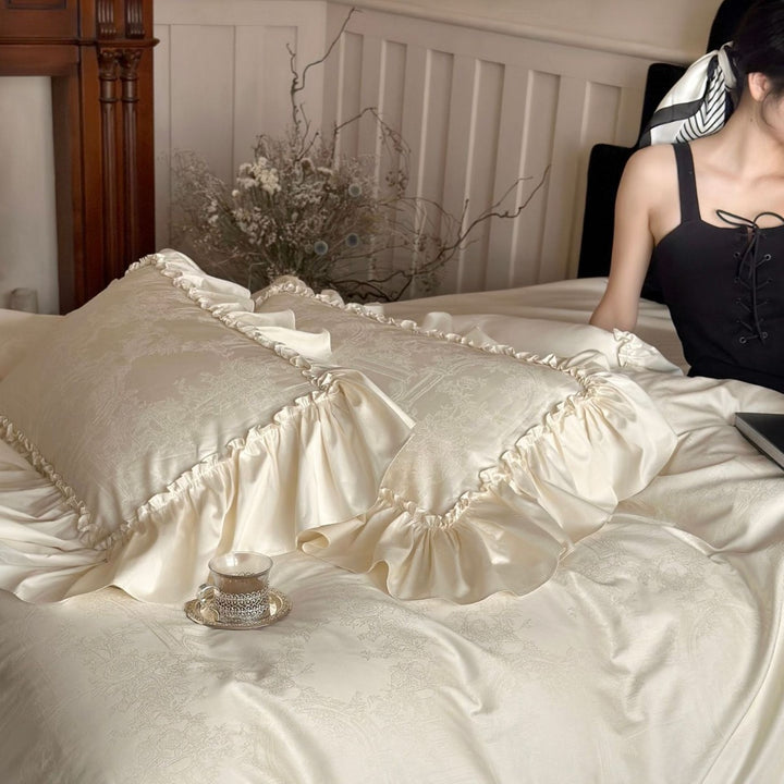 Ruffled Satin Jacquard Duvet Cover Set with Frilled Edge and Pillow Shams