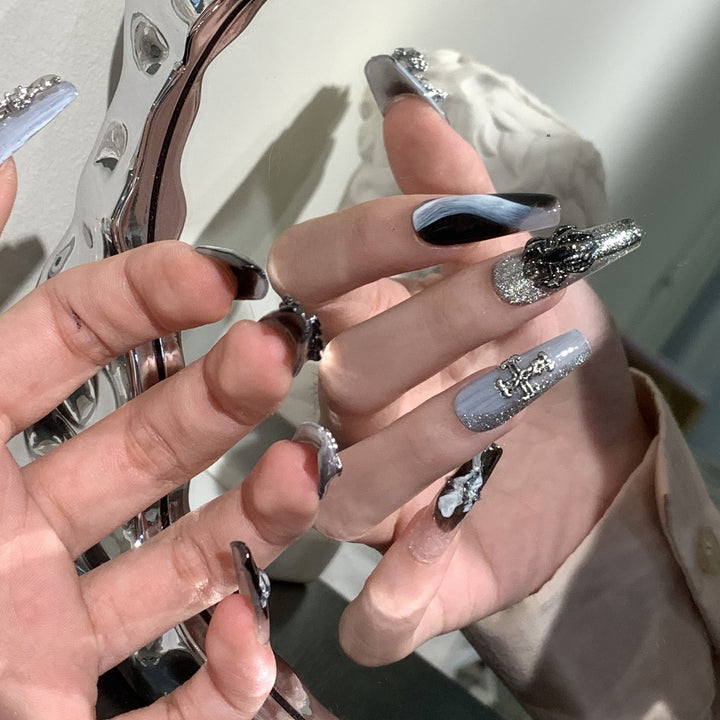 Glamorous Press-On Nail Art Set with Decorative Metallic Elements Stornfield