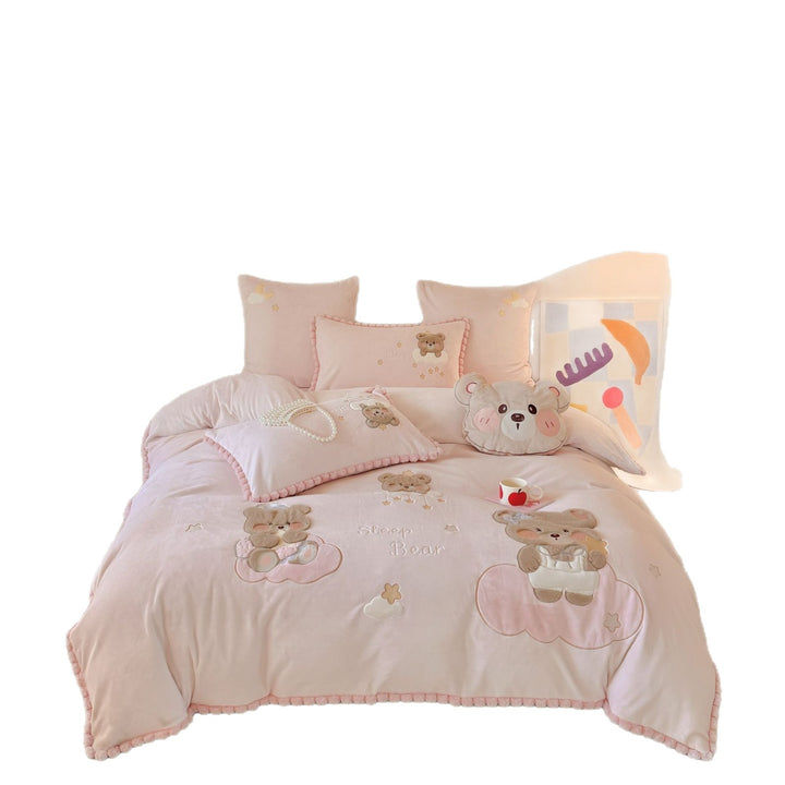 Kids' Embroidered Teddy Cotton Duvet Cover & Pillow Sham Set