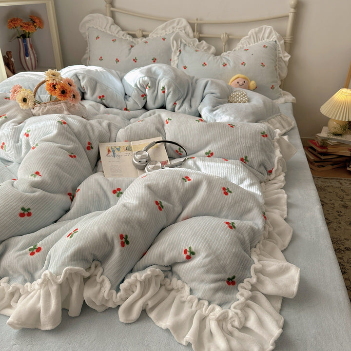 Ruffled Cherry-Print Quilted Comforter and Pillow Sham Set