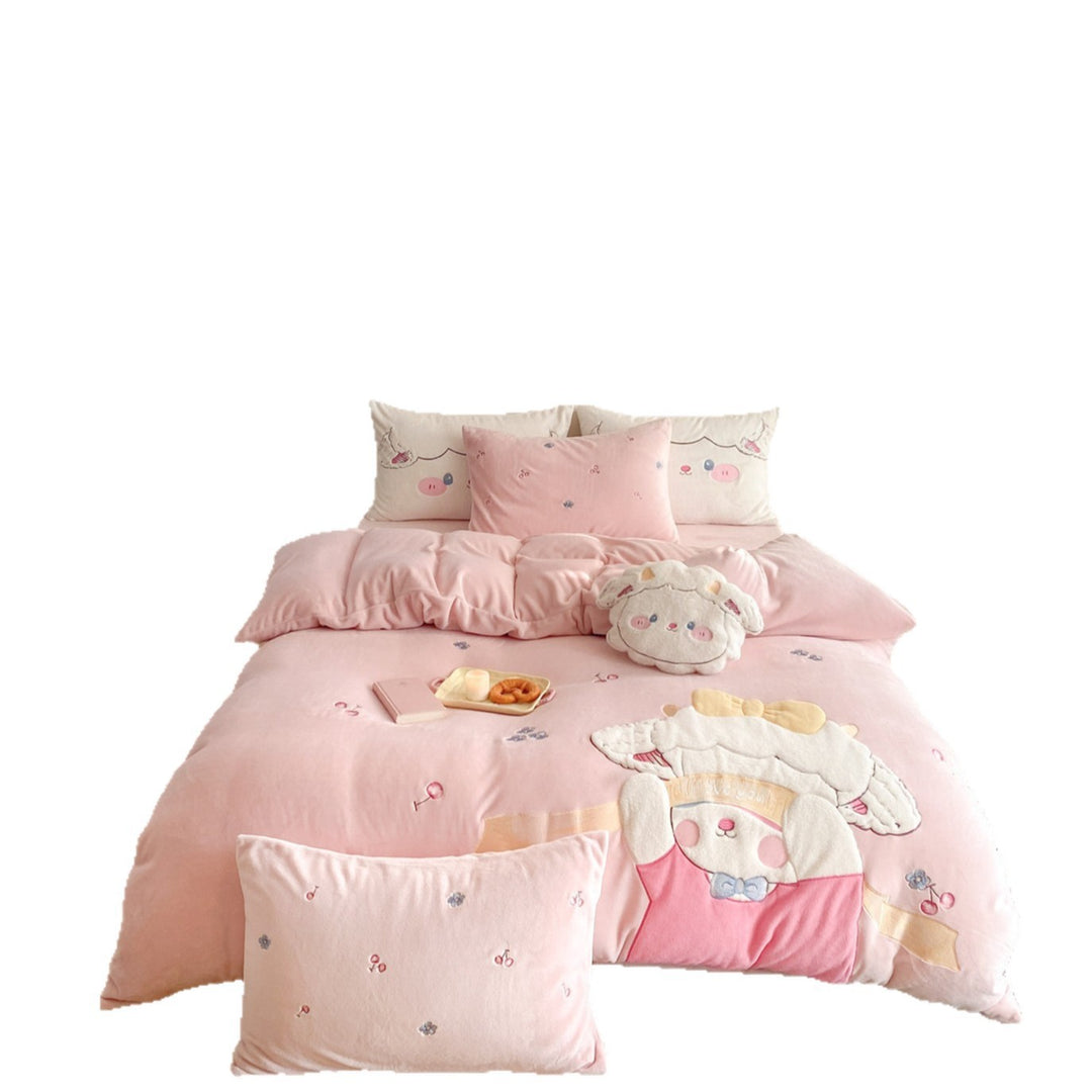 Plush Appliqué Cartoon Bunny Quilted Duvet Cover Set