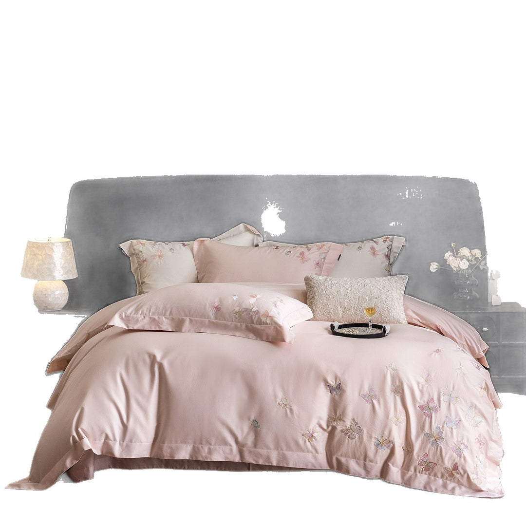 Premium bedding set made of extra soft cotton satin with delicate butterfly embroidery and concealed hotel closure
