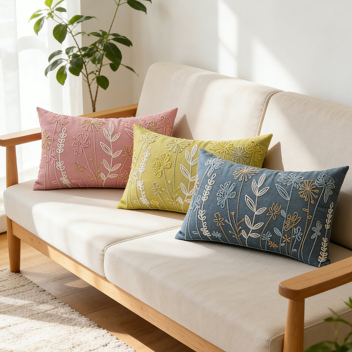 Embroidered Botanical Velvet Lumbar Accent Pillow Cover with Plush Insert