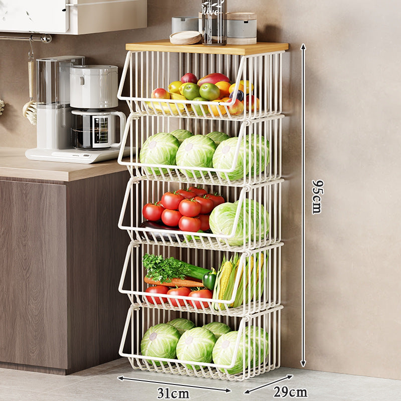 Slim Vertical Rolling Wire Produce and Pantry Organizer Cart with Wood Top