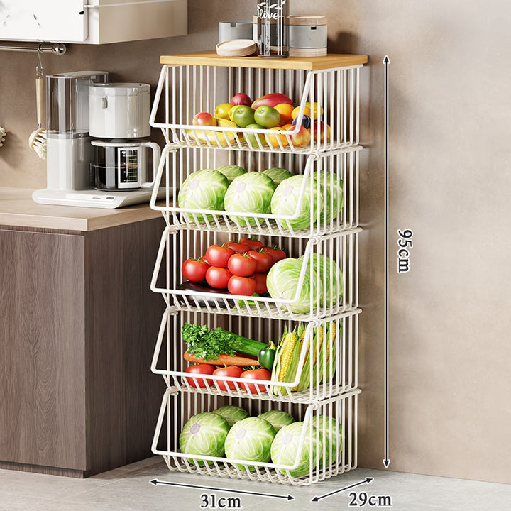 Slim Vertical Rolling Wire Produce and Pantry Organizer Cart with Wood Top