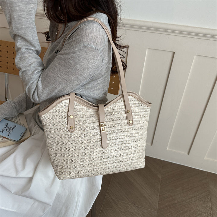 Woven Straw Tote Bag with Leather Accents