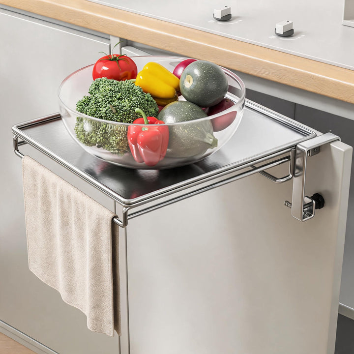 Over-Oven Pull-Out Countertop Extension Shelf with Towel Bar