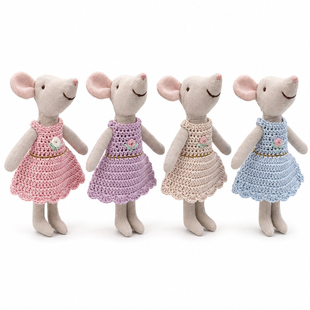 Handcrafted Linen Mouse Doll with Crocheted Dress and Embroidered Face