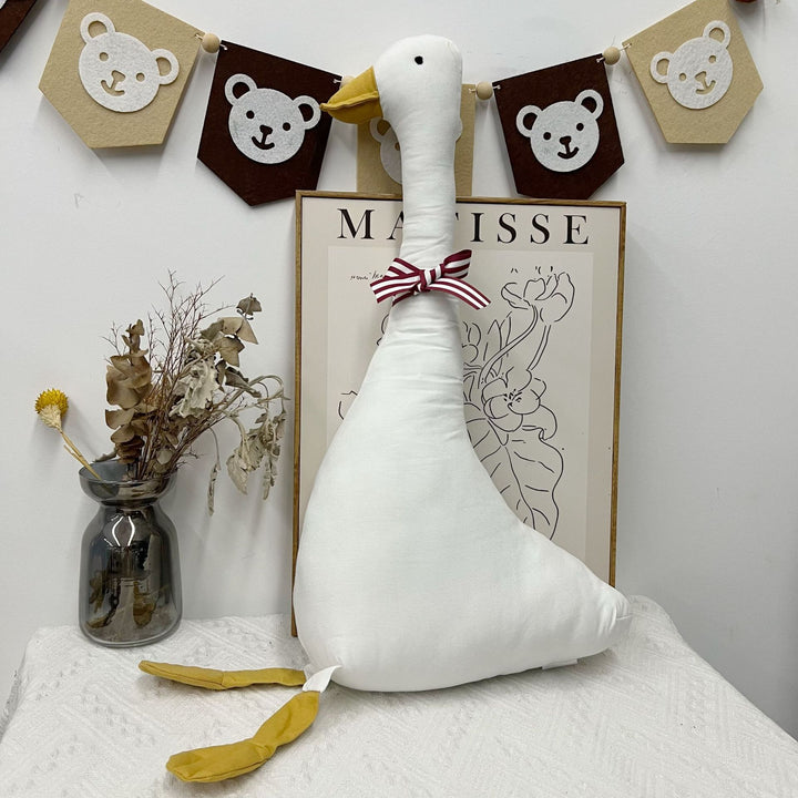Handcrafted Linen Elephant Plush Doll with Striped Ruffle Collar and Soft Romper