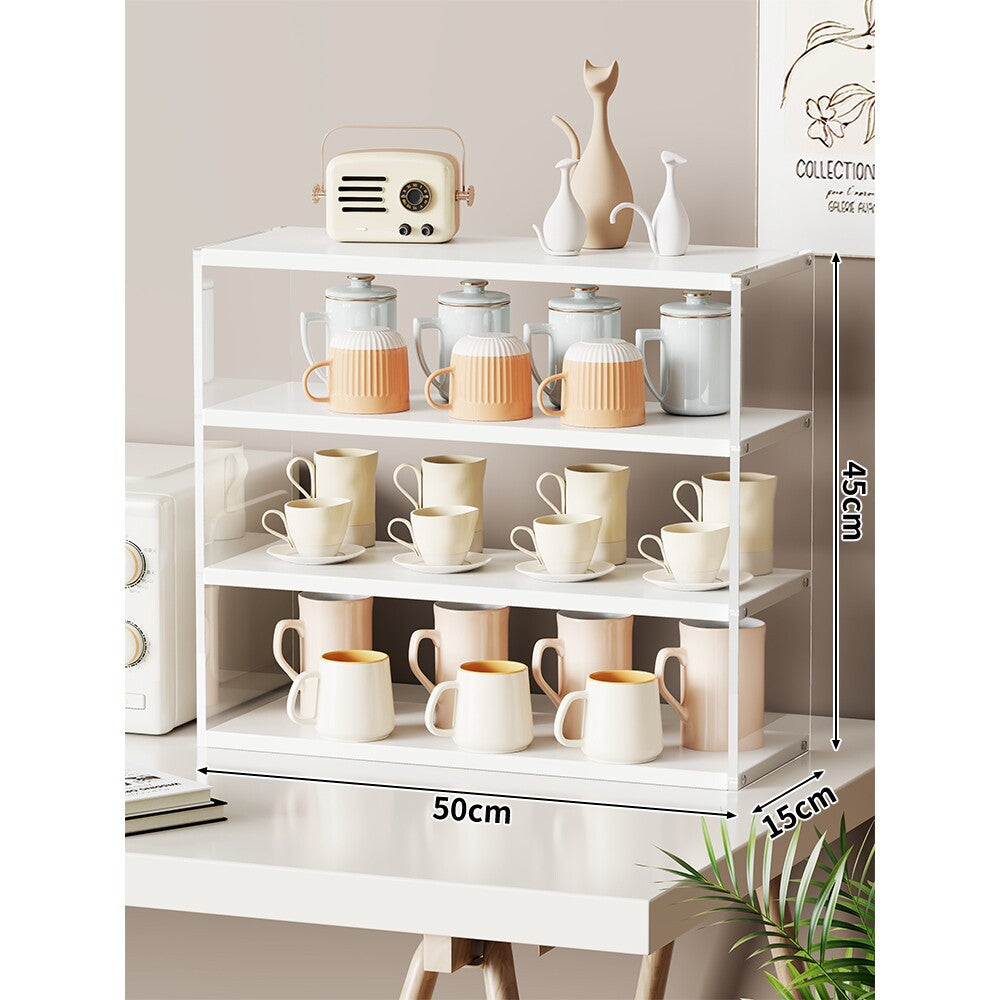 Compact Multi-Level Countertop Cup and Mug Display Shelf with Bamboo Shelves and Transparent Sides