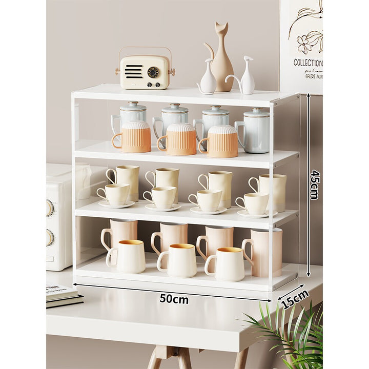 Compact Multi-Level Countertop Cup and Mug Display Shelf with Bamboo Shelves and Transparent Sides