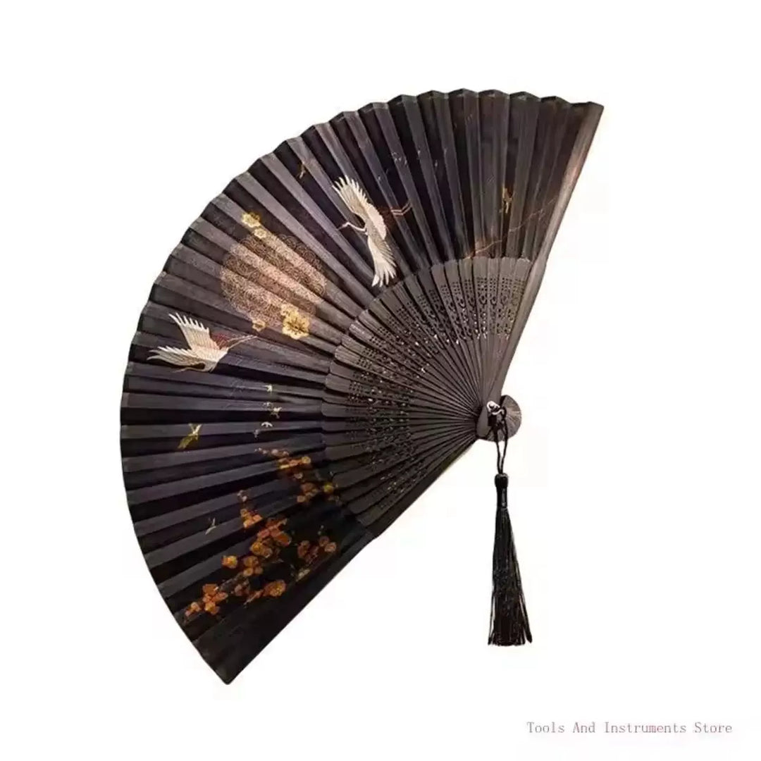 Women One Size hand-painted crane and plum blossom fan with carved wooden ribs and silk tassel Stornfield