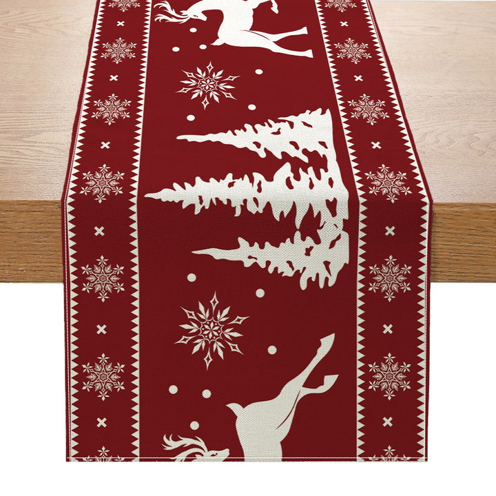 Buffalo-Edge Cotton-Linen Christmas Table Runner with Merry Christmas Tree Art