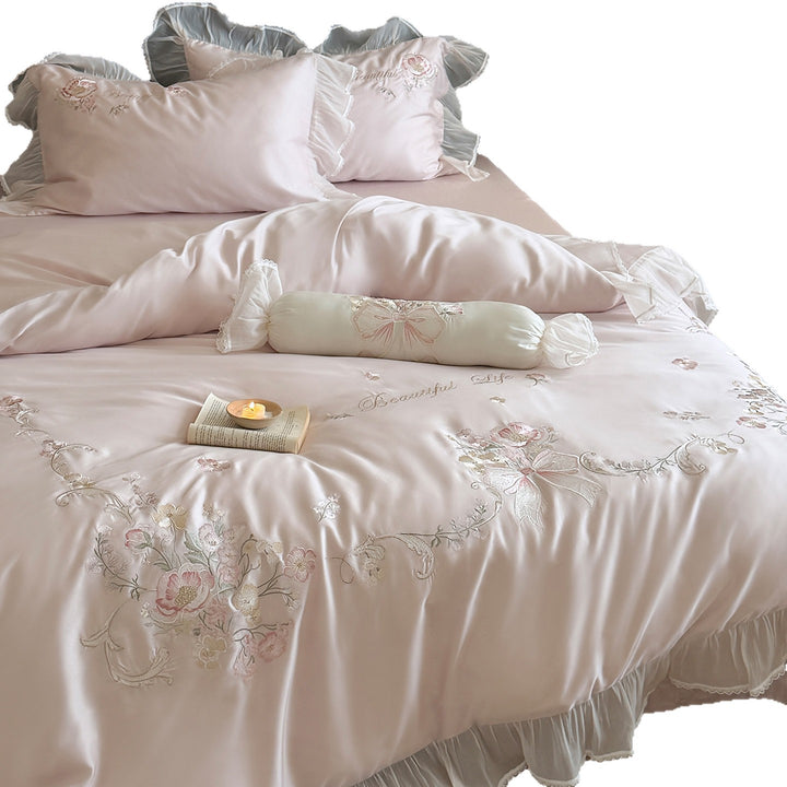 Luxury Floral-Embroidered Satin-Blend Duvet Cover Ensemble with Ruffled Sheer Skirt