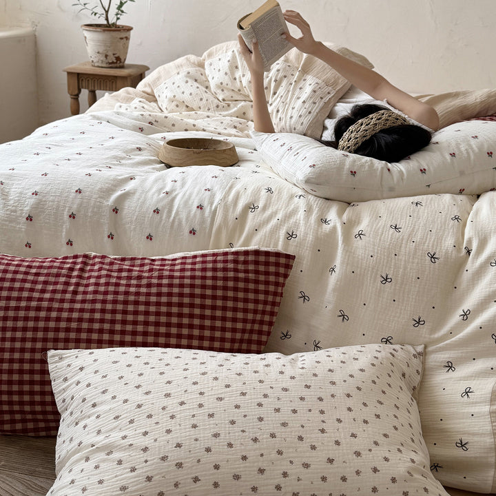 Washed Gauze Cotton Layered Duvet Cover Set with Micro Floral Embroidery and Gingham Accent Pillow