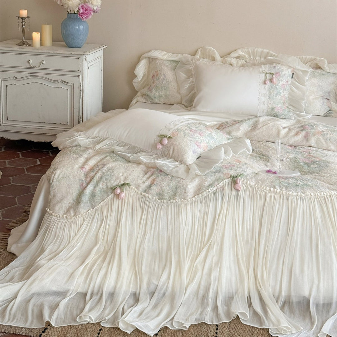 Luxurious Plush Floral Embroidered Ruffled Bedspread and Pillowcase Set