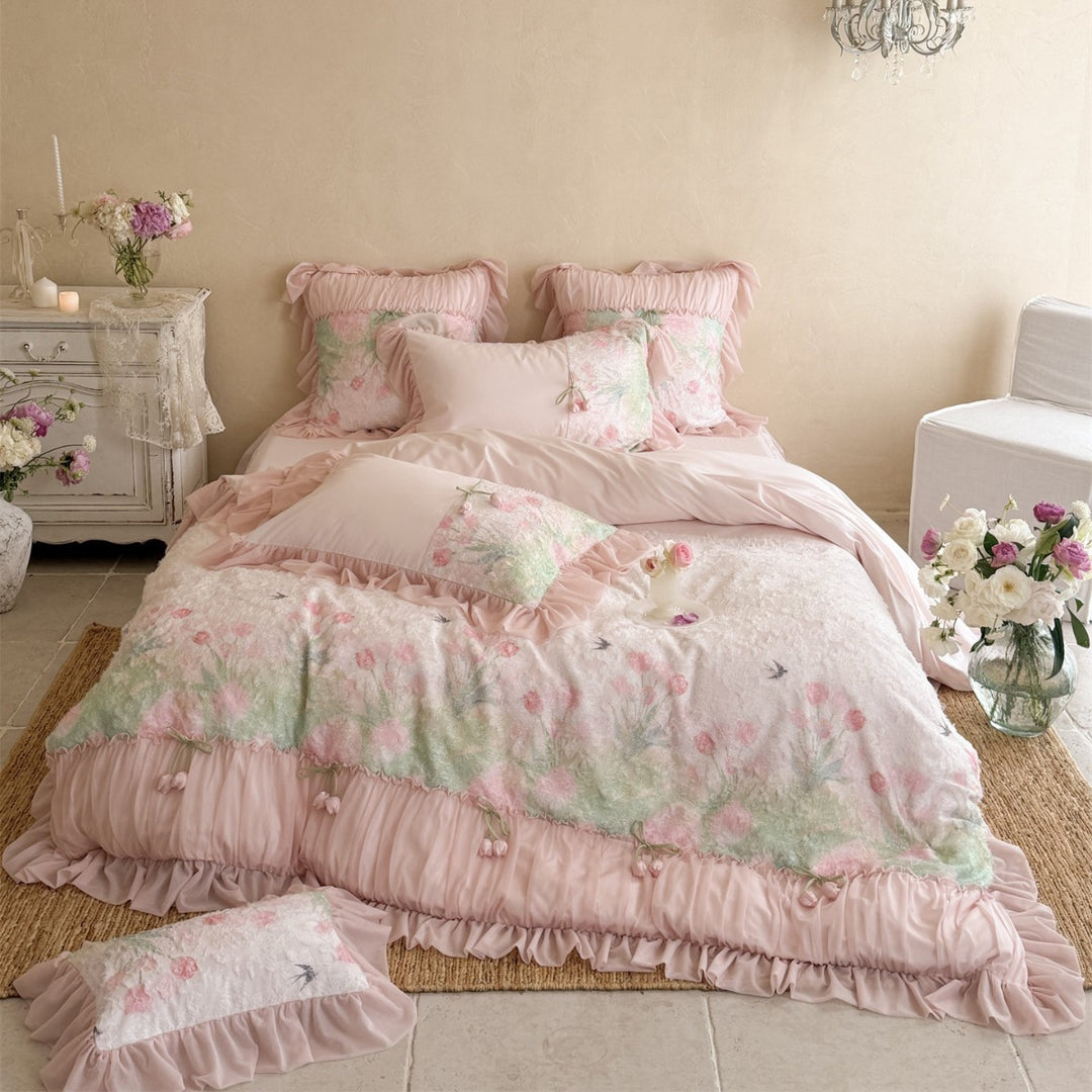 Plush Tufted Floral Duvet Cover Set with Ruffled Hem & Appliqué Accents
