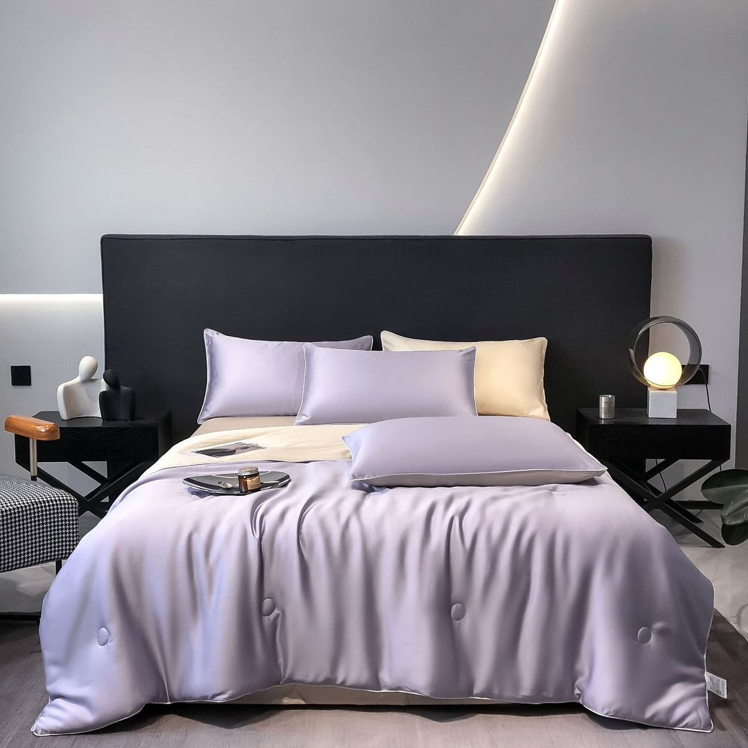 Silk cotton satin bedding cover with quilted comfort edge and pillowcases