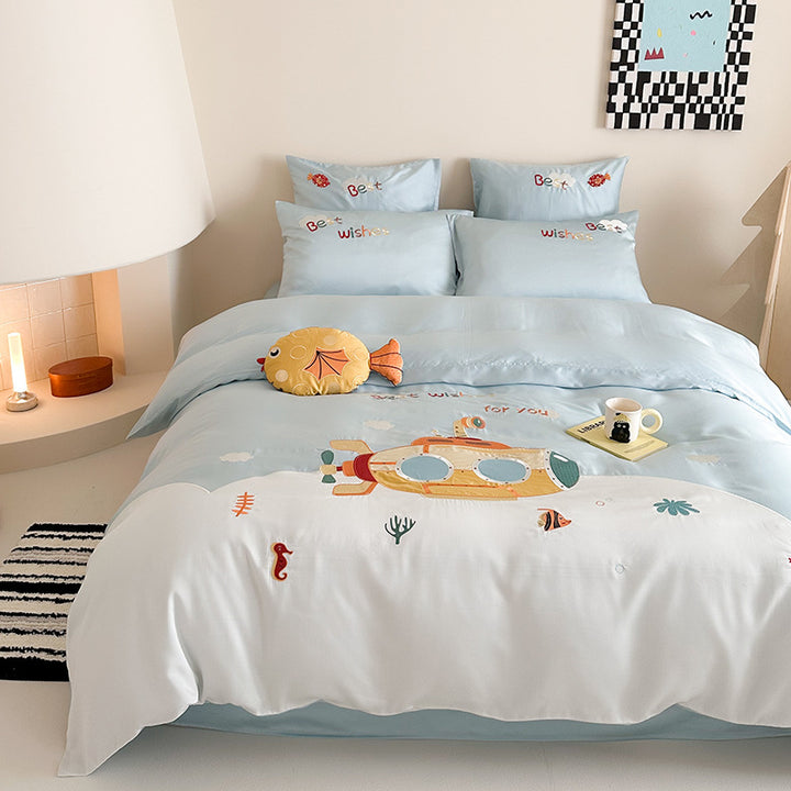 Children's bedding set with embroidered submarine and ocean motif as well as reversible function