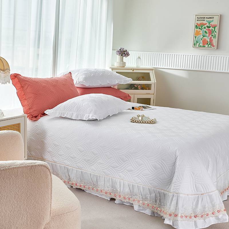 Quilted Ruffled Bedspread Set with Floral Embroidered Skirt and Pillow Shams