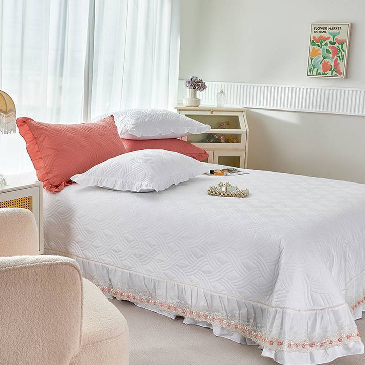 Quilted Ruffled Bedspread Set with Floral Embroidered Skirt and Pillow Shams