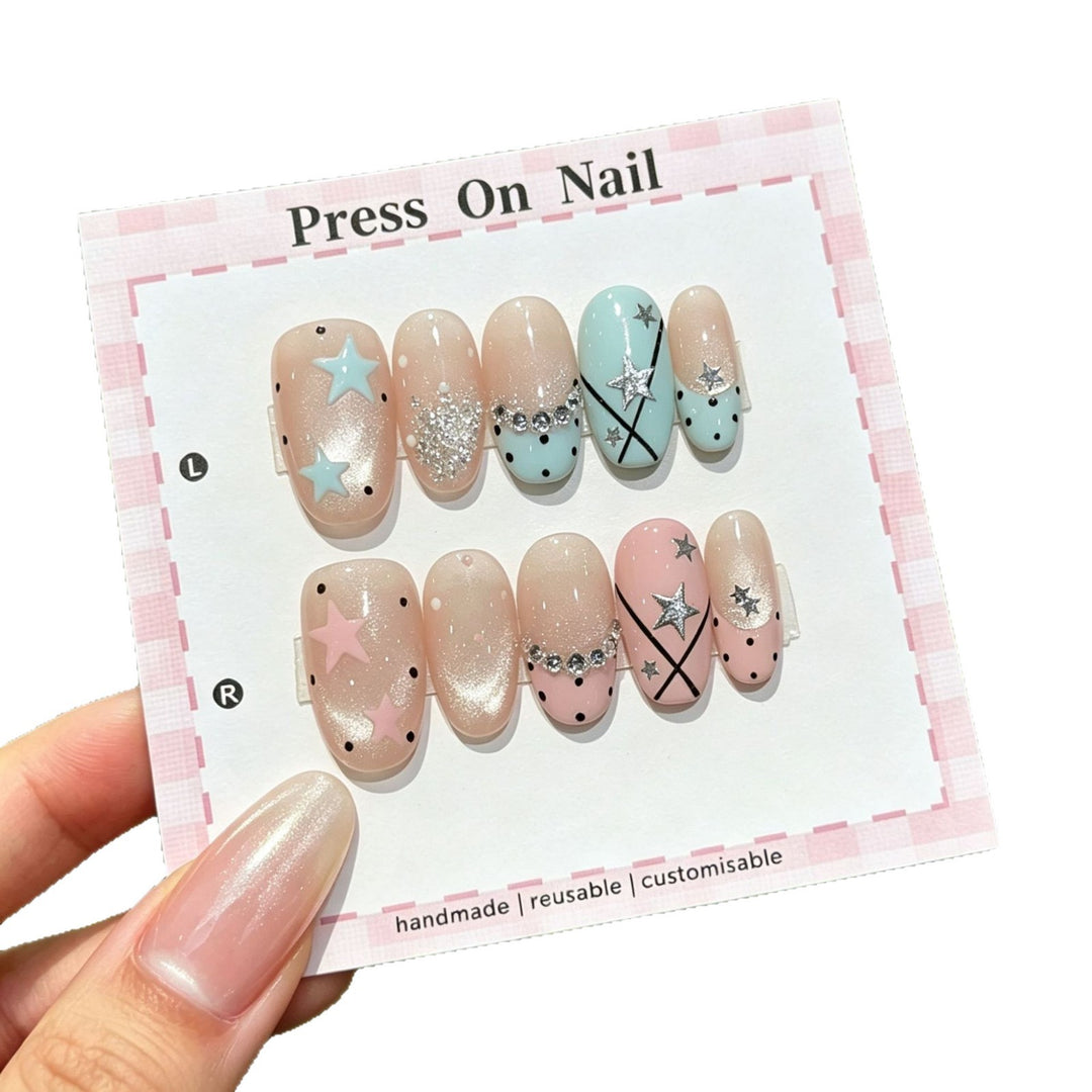 Decorative Press-On Nail Art Set with Customizable Star and Glitter Designs
