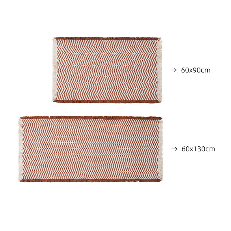 Woven runner and door mat set with herringbone structure and decorative fringes
